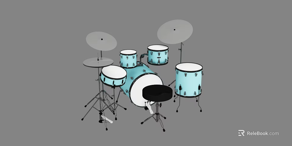 Blue Musical Instrument Drum Set With Drums Cymbals And Black Stool 3d model 
