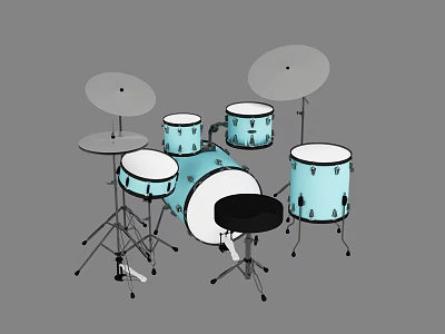 Blue Musical Instrument Drum Set With Drums Cymbals And Black Stool 3d model