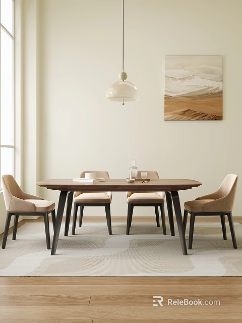 Wooden Dining Table Set With Beige Chairs Pendant Light And Wall Painting 3d model 