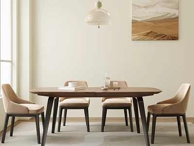 Wooden Dining Table Set With Beige Chairs Pendant Light And Wall Painting 3d model