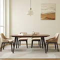 Wooden Dining Table Set With Beige Chairs Pendant Light And Wall Painting