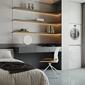 Modern Minimalist Bedroom Interior With Cozy Bed Gray Tones Open Wardrobe And Desk