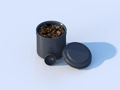 Black Tea Canister with Open Lid Small Lid and Tea Leaves Inside 3d model