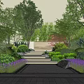Beautiful Park Landscape With Stone Steps Colorful Trees Purple Flower Beds And Paved Path