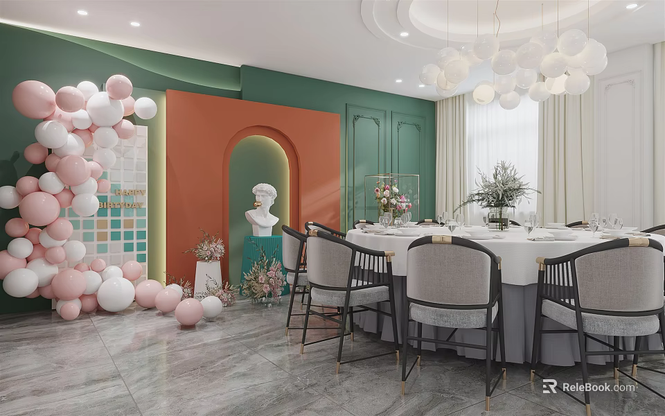 Elegant Private Dining Room With Green Orange Walls Round Table Pink White Balloons And Chandelier 3d model 