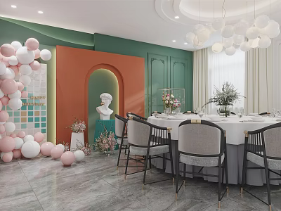 Elegant Private Dining Room With Green Orange Walls Round Table Pink White Balloons And Chandelier 3d model