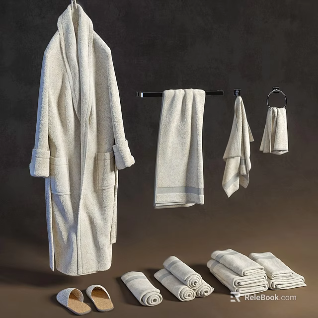 Soft Cotton Towel Set With Hanging Bathrobe And Folded Bathroom Linens 3d model 