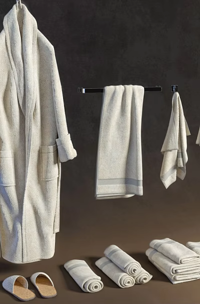 Soft Cotton Towel Set With Hanging Bathrobe And Folded Bathroom Linens 3d model