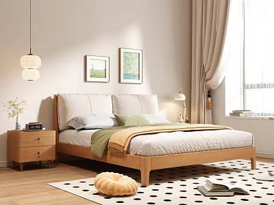 Double Bed in Cozy Bedroom with Wooden Frame Nightstand Wall Paintings and Curtains 3d model
