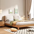 Double Bed in Cozy Bedroom with Wooden Frame Nightstand Wall Paintings and Curtains
