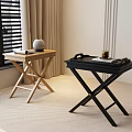 Modern Wooden and Black Cross Legged Side Tables with Vase Tray Cup and Notebook