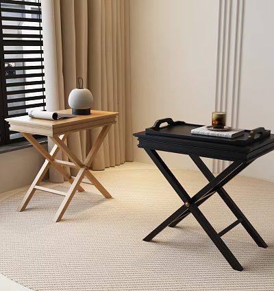Modern Wooden and Black Cross Legged Side Tables with Vase Tray Cup and Notebook 3d model