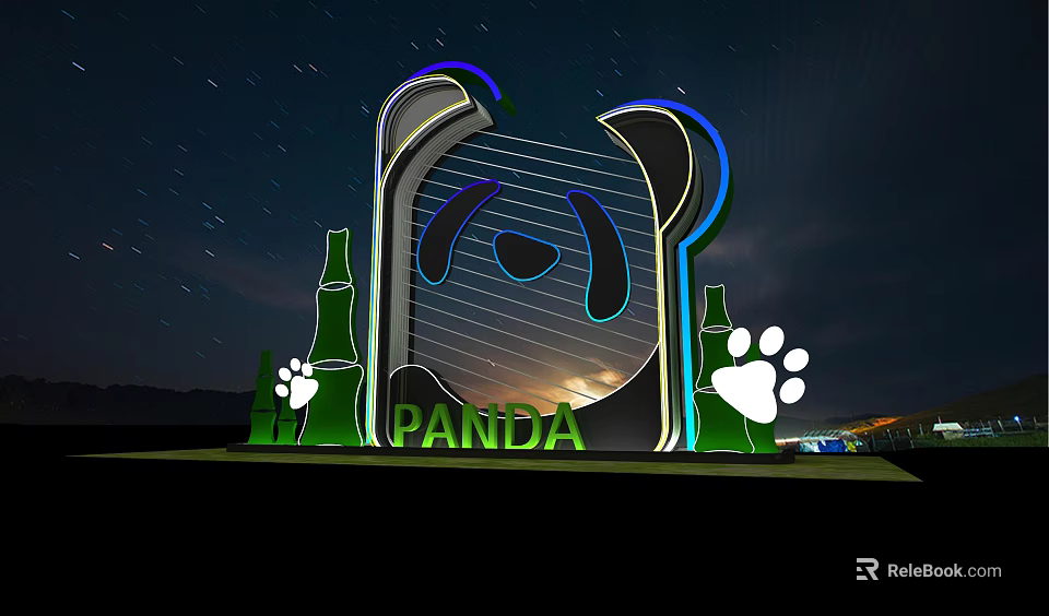 Panda Shaped Photo Check In Spot With Bamboo Paw Prints And Night Starry Lights 3d model 