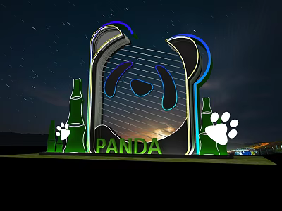 Panda Shaped Photo Check In Spot With Bamboo Paw Prints And Night Starry Lights 3d model