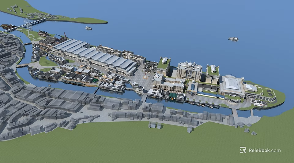 Ancient Architecture Complex With Riverfront Traditional Buildings And Scenic Green Spaces 3d model 