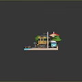 Modern Scene With Yellow Blue Train Bus Railway Track Level Crossing Building Trees And Boats