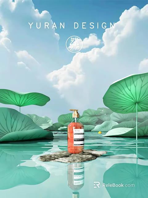 Natural Skincare Bottle Amid Water Lilies And Lotus Flowers On Water Surface 3d model 