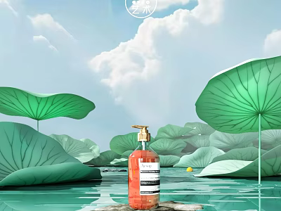 Natural Skincare Bottle Amid Water Lilies And Lotus Flowers On Water Surface 3d model