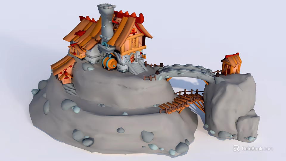 Cartoon Style House On Hill With Chimney Red Roof Small Bridge And Stone Hill 3d model 