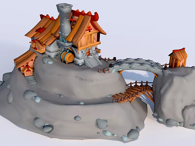 Cartoon Style House On Hill With Chimney Red Roof Small Bridge And Stone Hill 3d model