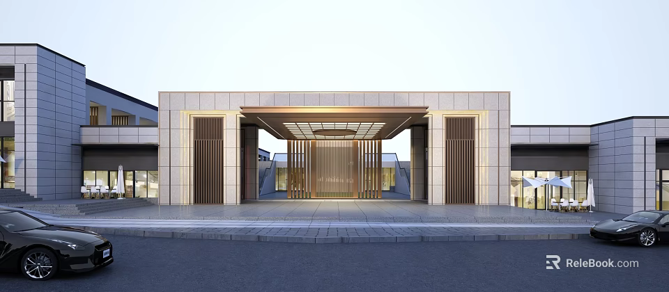 Elegant Modern Entrance Gate With Stone Walls Metal Grilles And Grille Ceiling 3d model 