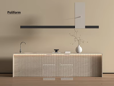 Modern Minimalist Kitchen Island With Stone Countertop Faucet White Vase Twigs And Black Strip 3d model