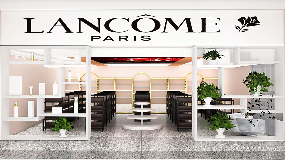 Lancôme Paris Beauty Store Interior With Display Shelves Green Plants And Seating Areas 3d model 