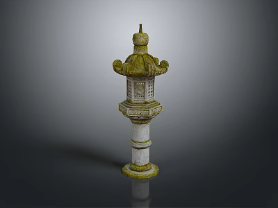 Traditional Japanese Stone Lantern With Multi Tiered Design Green Roof And Carved Panels 3d model