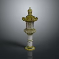 Traditional Japanese Stone Lantern With Multi Tiered Design Green Roof And Carved Panels