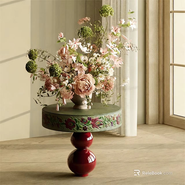 Elegant Vase With Fresh Pink Flowers On Round Green Decorative Table Near Window 3d model 