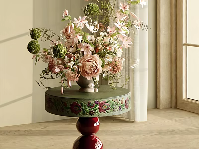 Elegant Vase With Fresh Pink Flowers On Round Green Decorative Table Near Window 3d model