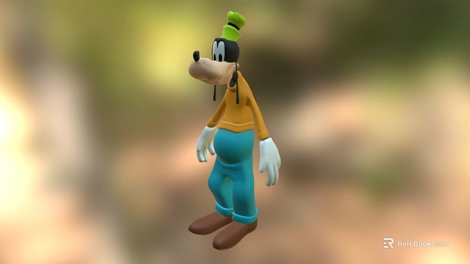 Goofy Character in Yellow Shirt Blue Pants and Green Hat with Brown Shoes 3d model 