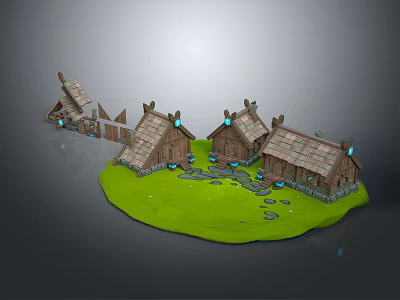 Wooden Cabins with Thatched Roofs in Green Grassy Setting with Blue Lights and Stone Paths 3d model