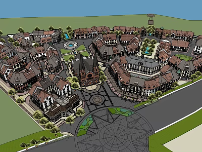 Traditional Commercial Street With Multiple Buildings Green Spaces And Pedestrian Walkways 3d model