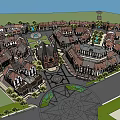 Traditional Commercial Street With Multiple Buildings Green Spaces And Pedestrian Walkways