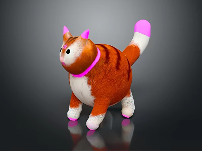 Orange And White Striped Plush Cat Toy With Pink Ears Tail Tip And Collar 3d model