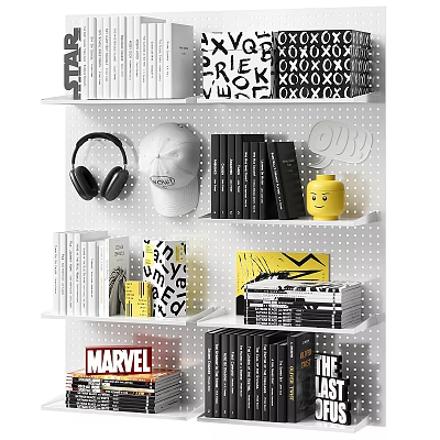 Books and Magazines on White Grid Shelf with Headphones Helmet LEGO Figure and MARVEL Books 3d model