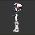 Futuristic Blue And White Mechanical Character With Red Circular Parts Furry Legs And Long Staff