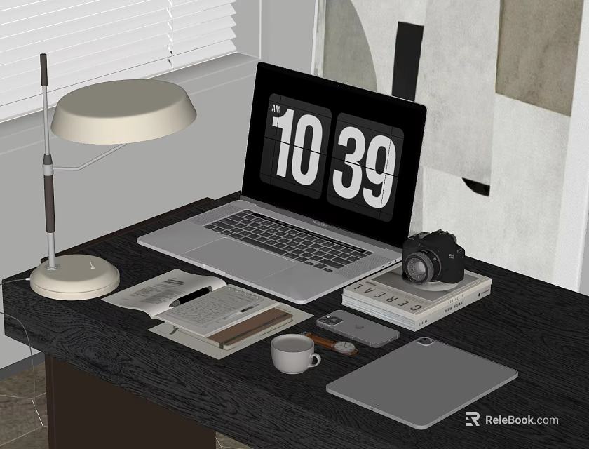 Laptop On Work Desk With Table Lamp Camera Notebook Tablet And Coffee Cup 3d model 