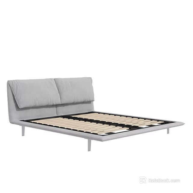 Modern Double Bed With Grey Headboard Cushions And Wooden Slats Support Frame 3d model 