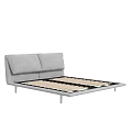 Modern Double Bed With Grey Headboard Cushions And Wooden Slats Support Frame