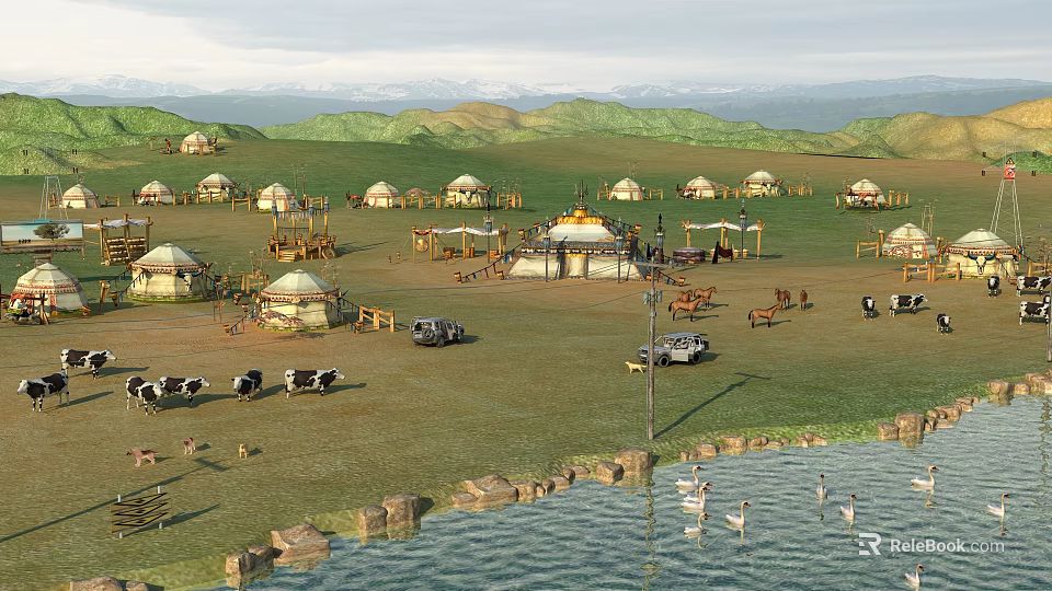 Mongolian Grassland Scenery With Traditional Yurts Rolling Mountains Cows Horses Grazing Near Water Geese Swimming 3d model 
