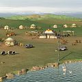 Mongolian Grassland Scenery With Traditional Yurts Rolling Mountains Cows Horses Grazing Near Water Geese Swimming