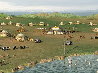 Mongolian Grassland Scenery With Traditional Yurts Rolling Mountains Cows Horses Grazing Near Water Geese Swimming 3d model