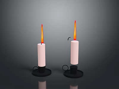 White Candles With Red Flames On Black Metal Ring Bases For Home Decor 3d model