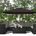 Outdoor Rattan Sectional Sofa With Brown Umbrella And Green Garden Plants