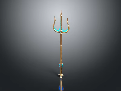 Ornate Trident Weapon With Golden Shaft Blue Prongs And Decorative Details 3d model
