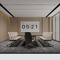 Modern Conference Room Interior With Long Table Digital Clock Wooden Walls And Blinds