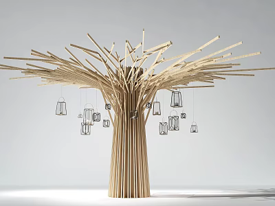 Garden Ornament Tree Like Wooden Stick Structure With Extended Branches Hanging Metal Birdcages 3d model