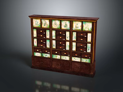 Traditional Wooden Cabinet With Multiple Drawers Gold Accents And Floral Decorative Panels 3d model